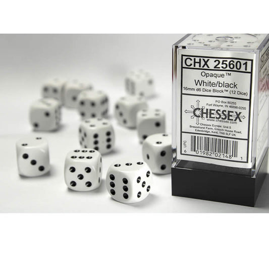 CHX25601 White Opaque D6 Dice with Black Pips 16mm (5/8in) Pack of 12 Main Image