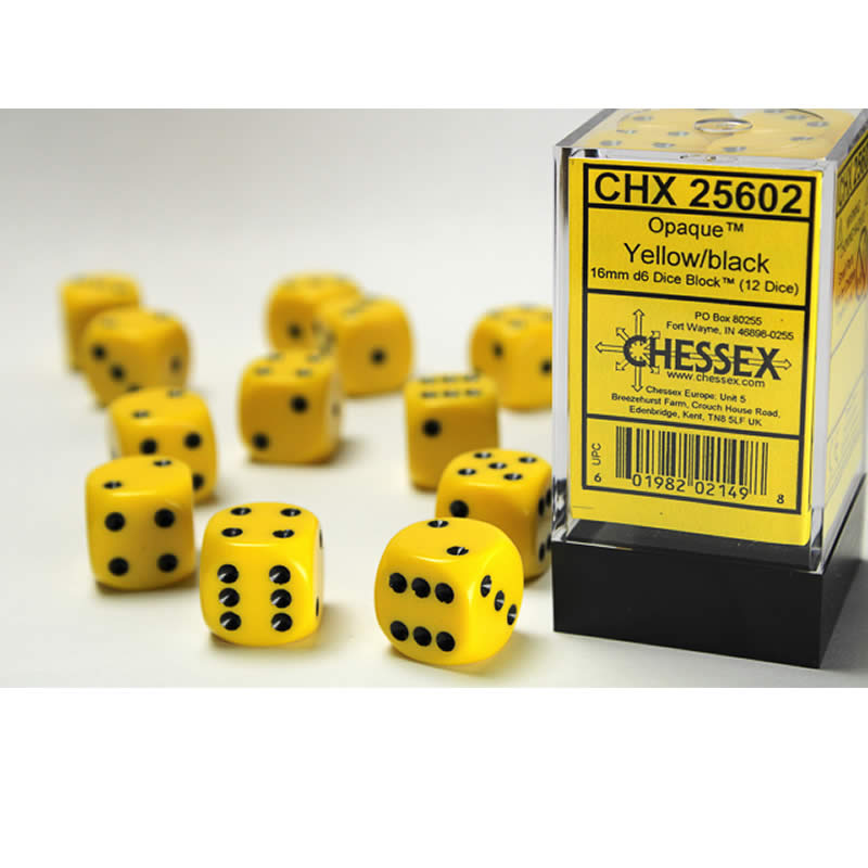 CHX25602 Yellow Opaque D6 Dice with Black Pips 16mm (5/8in) Pack of 12 Main Image