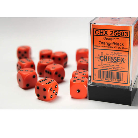 CHX25603 Orange Opaque D6 Dice with Black Pips 16mm (5/8in) Pack of 12 Main Image