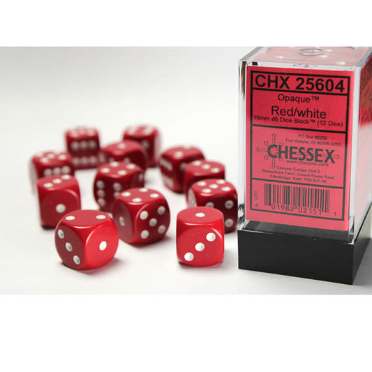 CHX25604 Red Opaque D6 Dice with White Pips 16mm (5/8in) Pack of 12 Main Image