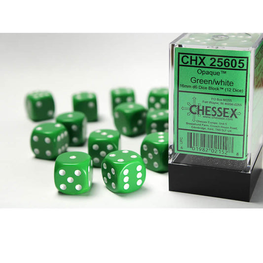 CHX25605 Green Opaque D6 Dice with White Pips 16mm (5/8in) Pack of 12 Main Image