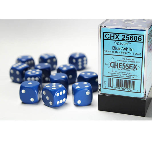 CHX25606 Blue Opaque D6 Dice with White Pips 16mm (5/8in) Pack of 12 Main Image