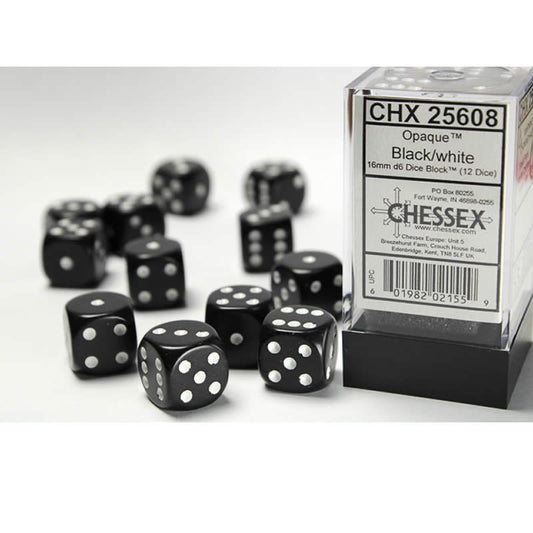 CHX25608 Black Opaque D6 Dice with White Pips 16mm (5/8in) Pack of 12 Main Image