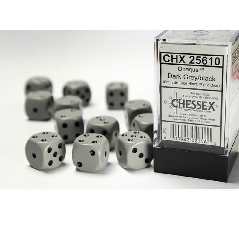 CHX25610 Gray Opaque D6 Dice with Black Pips 16mm (5/8in) Pack of 12 Main Image
