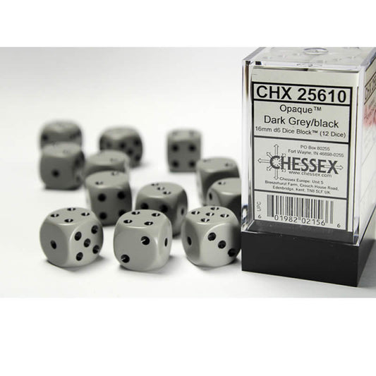 CHX25610 Gray Opaque D6 Dice with Black Pips 16mm (5/8in) Pack of 12 Main Image