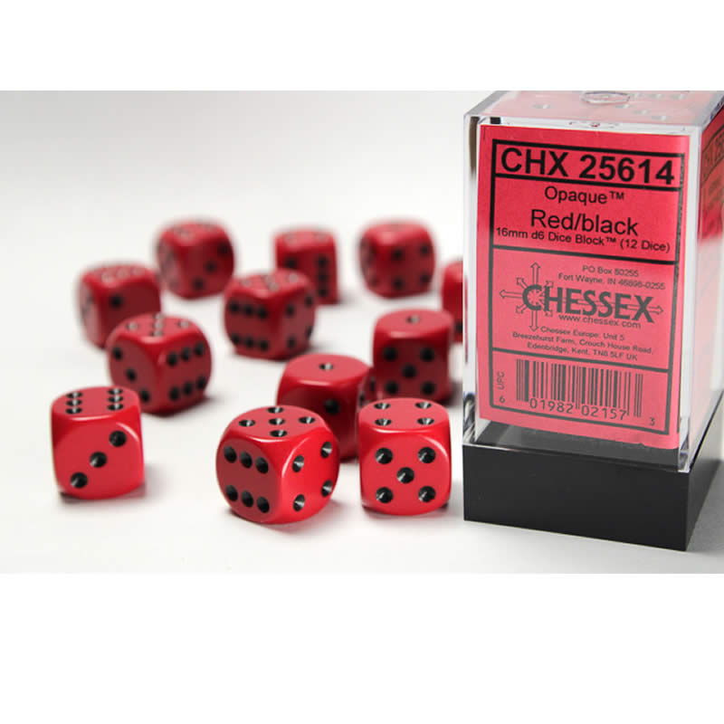 CHX25614 Red Opaque D6 Dice with Black Pips 16mm (5/8in) Pack of 12 Main Image