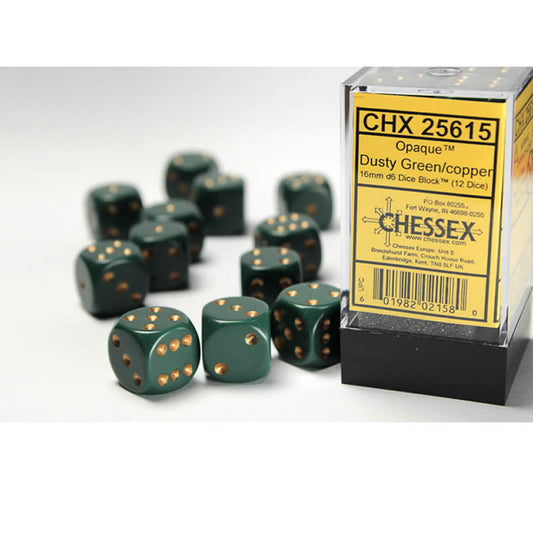 CHX25615 Dusty Green Opaque D6 Dice Copper Pips 16mm Pack of 12 Main Image