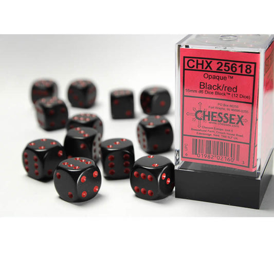 CHX25618 Black Opaque D6 Dice with Red Pips 16mm (5/8in) Pack of 12 Main Image