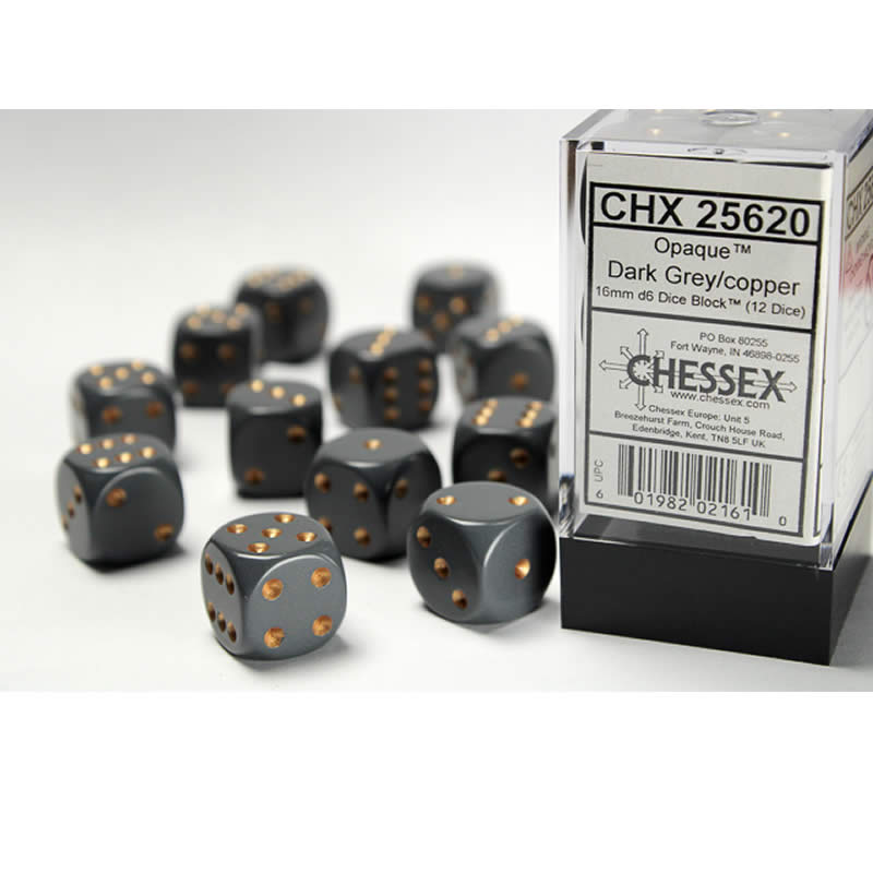 CHX25620 Dark Grey Opaque D6 Dice Copper Pips 16mm (5/8in) Pack of 12 Main Image