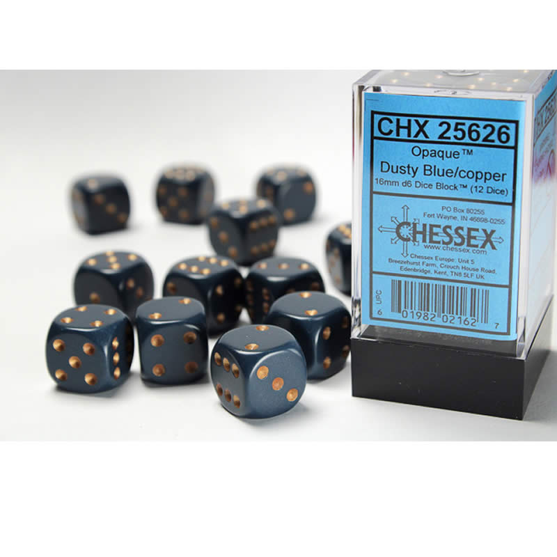 CHX25626 Dusty Blue Opaque D6 Dice Copper Pips 16mm (5/8in) Pack of 12 Main Image