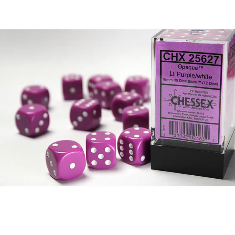 CHX25627 Light Purple Opaque D6 Dice White Pips 16mm (5/8in) Pack of 12 Main Image