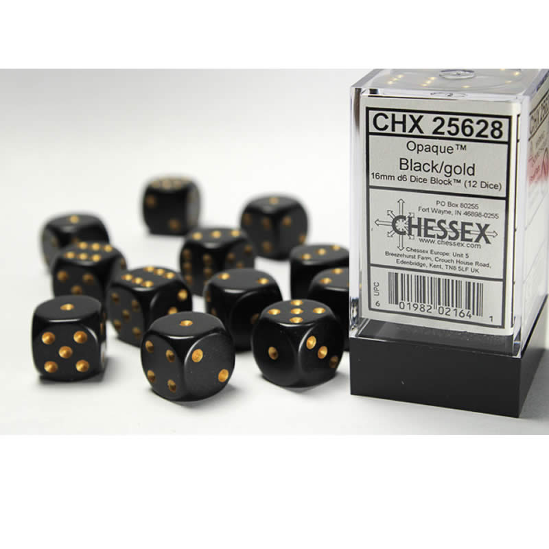 CHX25628 Black Opaque D6 Dice with Gold Pips 16mm (5/8in) Pack of 12 Main Image
