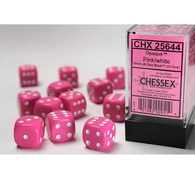 CHX25644 Pink Opaque D6 Dice with White Pips 16mm (5/8in) Pack of 12 Main Image