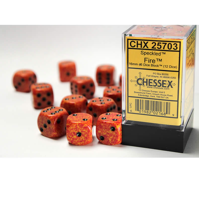 CHX25703 Fire Speckled D6 Dice with Black Pips 16mm (5/8in) Pack of 12 Main Image