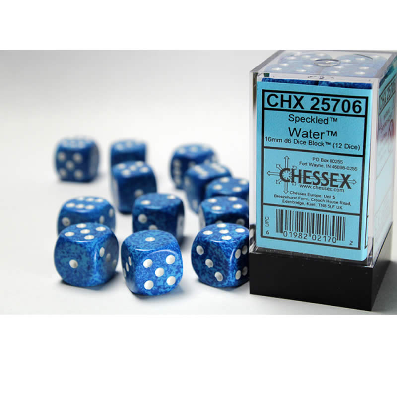 CHX25706 Water Speckled D6 Dice with White Pips 16mm (5/8in) Pack of 12 Main Image