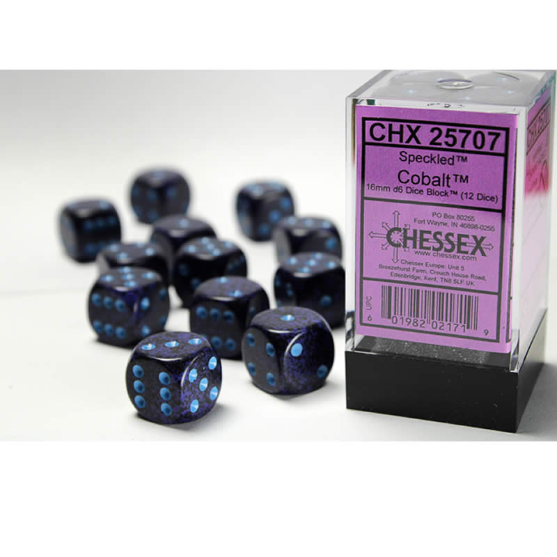 CHX25707 Cobalt Speckled D6 Dice with Blue Pips 16mm (5/8in) Pack of 12 Main Image