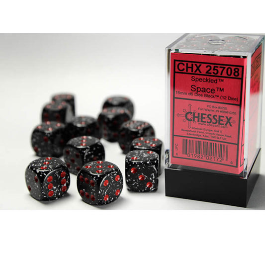 CHX25708 Space Speckled D6 Dice with Red Pips 16mm (5/8in) Pack of 12 Main Image
