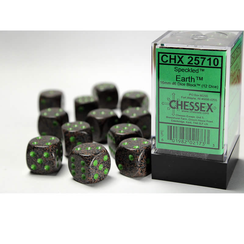 CHX25710 Earth Speckled D6 Dice with Green Pips 16mm (5/8in) Pack of 12 Main Image
