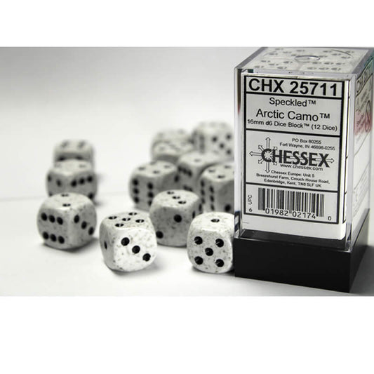CHX25711 Arctic Camo Speckled D6 Dice Black Pips 16mm Pack of 12 Main Image