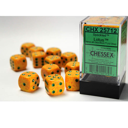 CHX25712 Lotus Speckled D6 Dice with Green Pips 16mm (5/8in) Pack of 12 Main Image