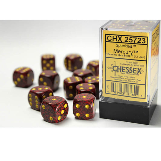 CHX25723 Mercury Speckled D6 Dice Yellow Pips 16mm (5/8in) Pack of 12 Main Image