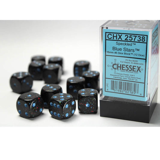 CHX25738 Blue Stars Speckled D6 Dice Blue Pips 16mm (5/8in) Pack of 12 Main Image