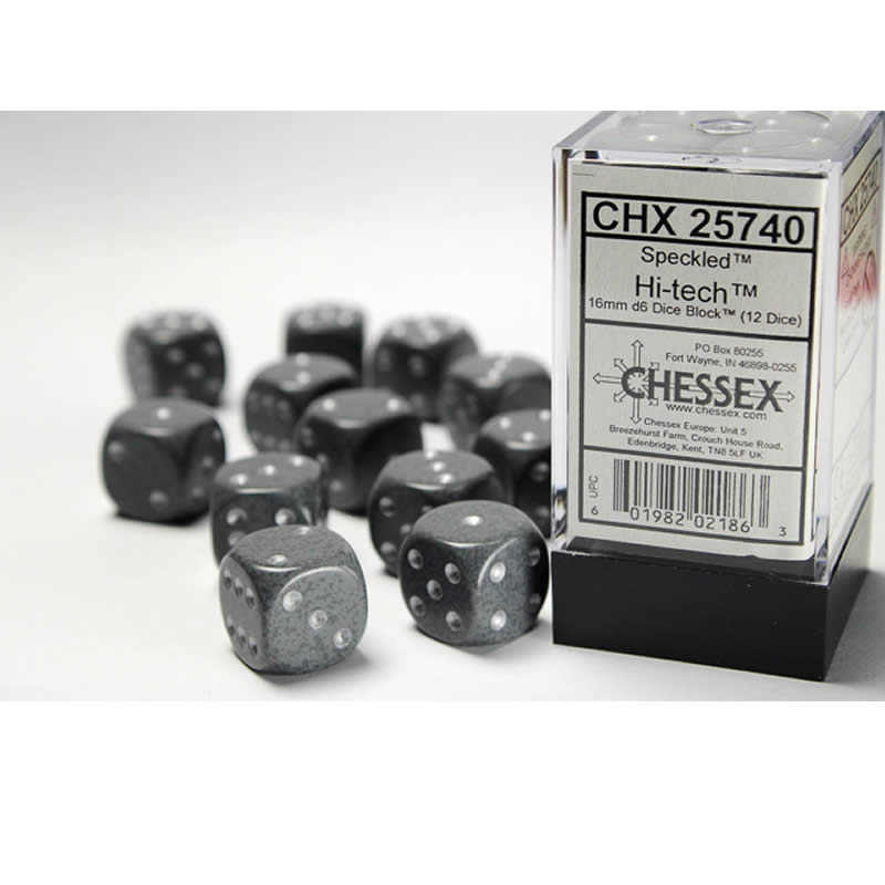 CHX25740 Hi Tech Speckled D6 Dice Silver Pips 16mm (5/8in) Pack of 12 Main Image