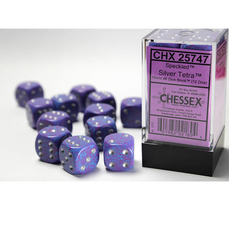 CHX25747 Silver Tetra Speckled D6 Dice Silver Pips 16mm Pack of 12 Main Image