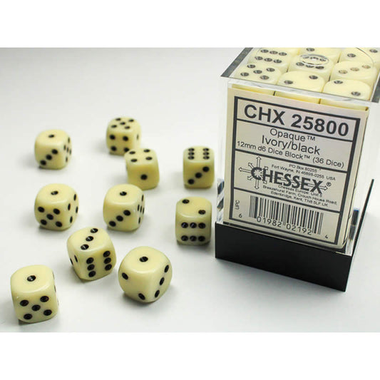 CHX25800 Ivory Opaque D6 Dice with Black Pips 12mm (1/2in) Pack of 36 Main Image