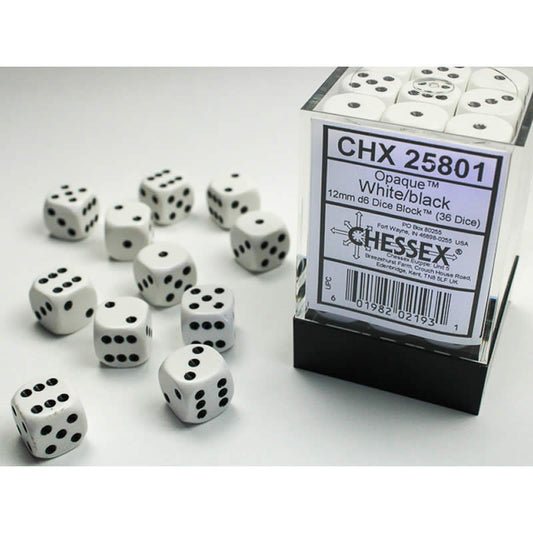 CHX25801 White Opaque D6 Dice with Black Pips 12mm (1/2in) Pack of 36 Main Image