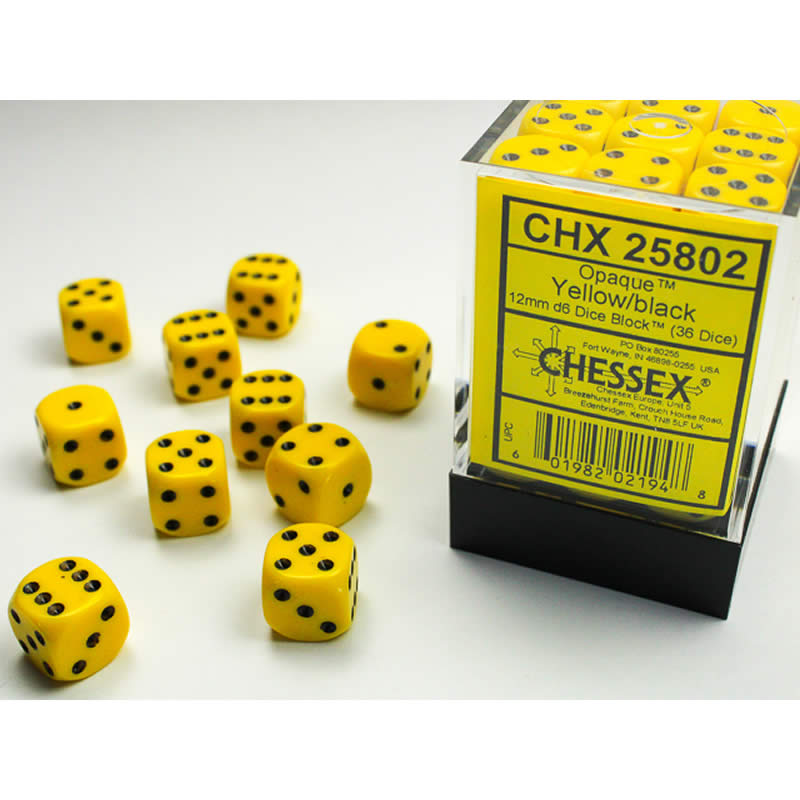 CHX25802 Yellow Opaque D6 Dice with Black Pips 12mm (1/2in) Pack of 36 Main Image