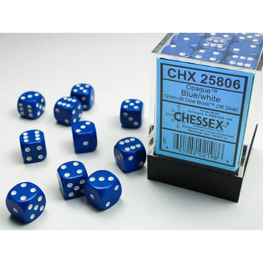 CHX25806 Blue Opaque D6 Dice with White Pips 12mm (1/2in) Pack of 36 Main Image