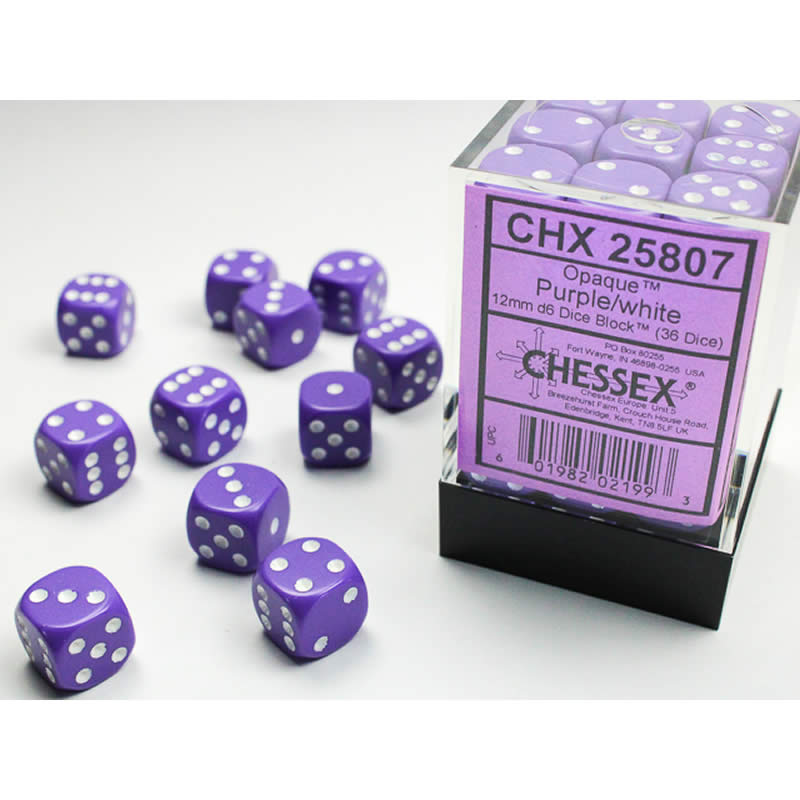 CHX25807 Purple Opaque D6 Dice with White Pips 12mm (1/2in) Pack of 36 Main Image