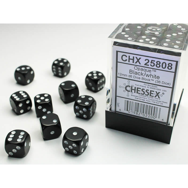 CHX25808 Black Opaque D6 Dice with White Pips 12mm (1/2in) Pack of 36 Main Image