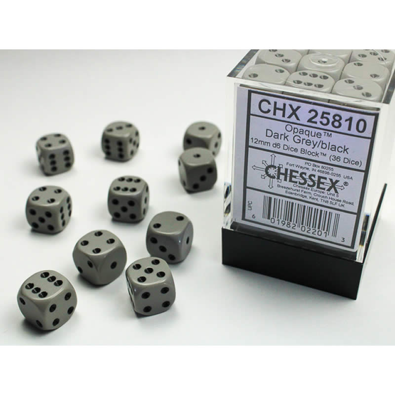 CHX25810 Grey Opaque D6 Dice with Black Pips 12mm (1/2in) Pack of 36 Main Image