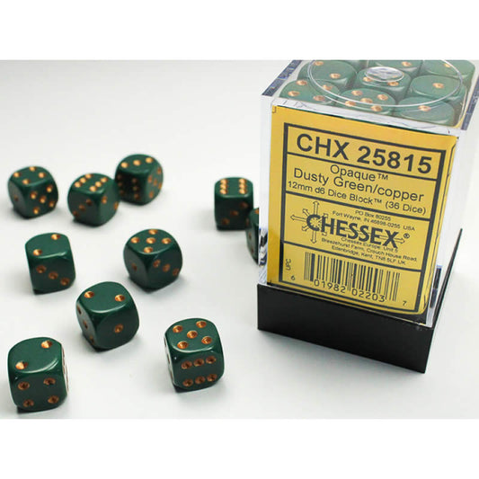 CHX25815 Dusty Green Opaque D6 Dice Copper Pips 12mm Pack of 36 Main Image