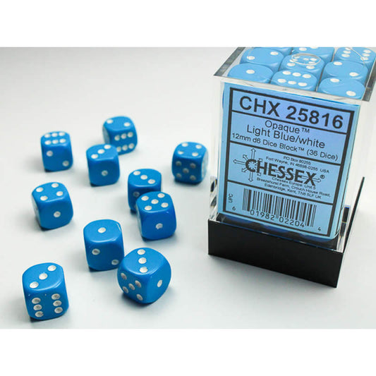 CHX25816 Light Blue Opaque Dice White Pips D6 12mm (1/2in) Pack of 36 Main Image