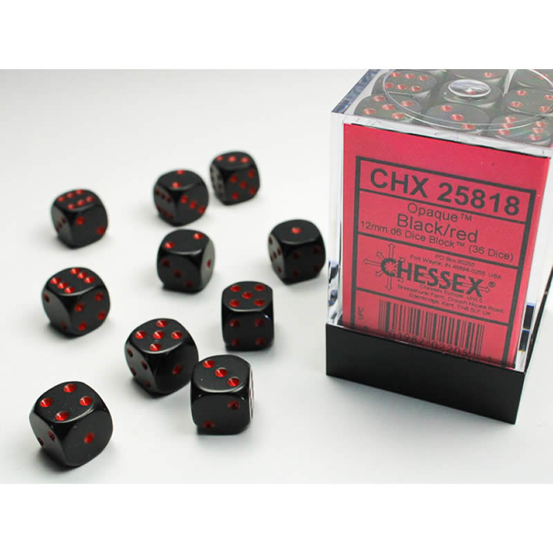 CHX25818 Black Opaque D6 Dice with Red Pips 12mm (1/2in) Pack of 36 Main Image