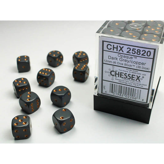 CHX25820 Dark Grey Opaque D6 Dice Copper Pips 12mm (1/2in) Pack of 36 Main Image