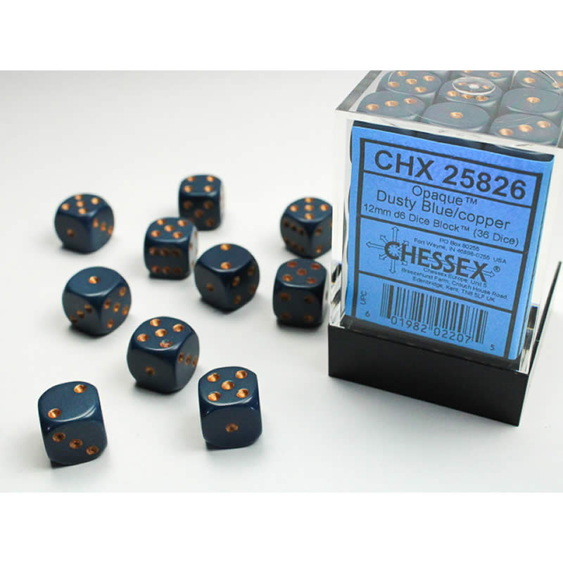 CHX25826 Dusty Blue Opaque D6 Dice Copper Pips 12mm (1/2in) Pack of 36 Main Image
