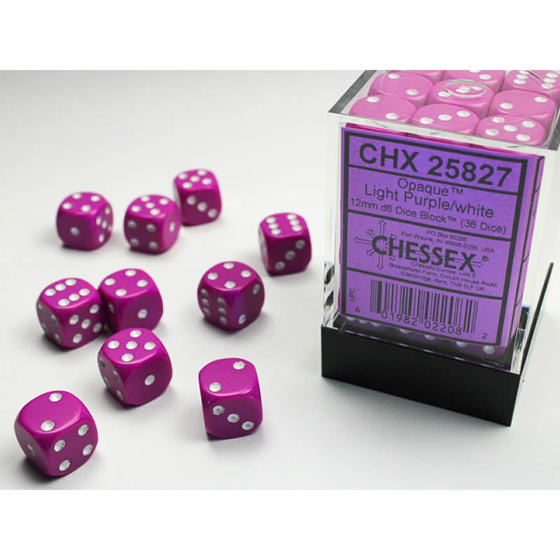 CHX25827 Light Purple Opaque D6 Dice White Pips 12mm (1/2in) Pack of 36 Main Image
