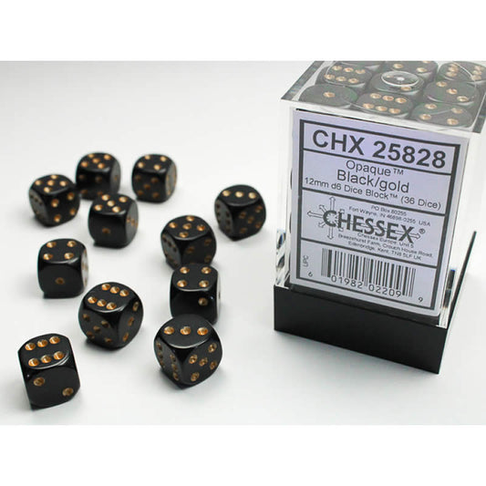 CHX25828 Black Opaque D6 Dice with Gold Pips 12mm (1/2in) Pack of 36 Main Image