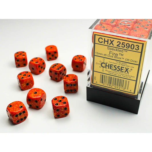CHX25903 Fire Speckled D6 Dice with Black Pips 12mm (1/2in) Pack of 36 Main Image