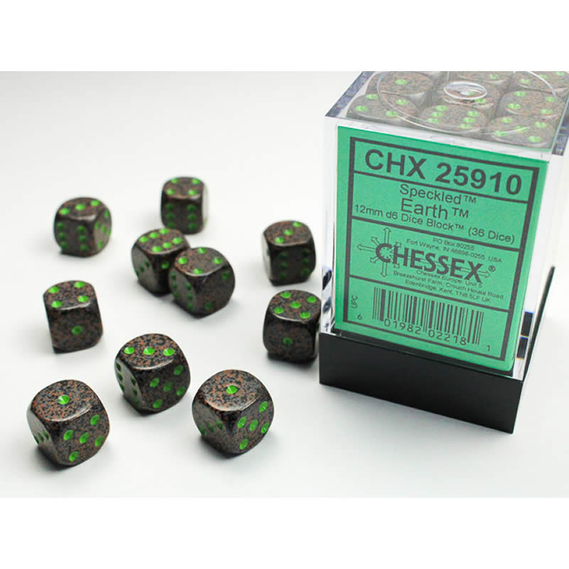 CHX25910 Earth Speckled D6 Dice with Green Pips 12mm (1/2in) Pack of 36 Main Image