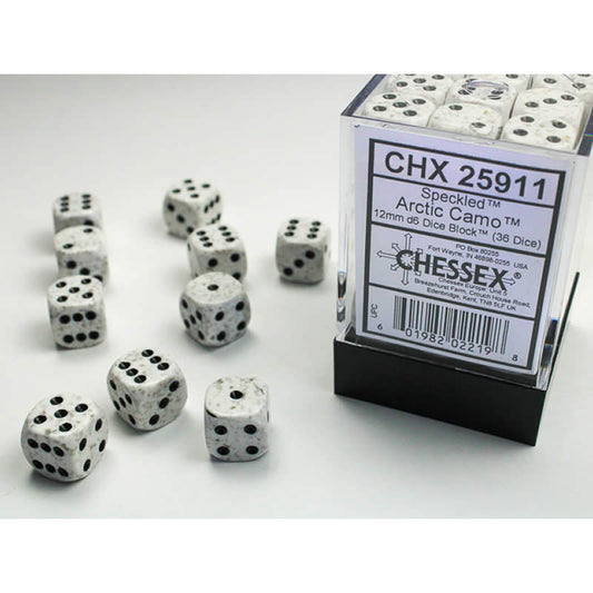 CHX25911 Arctic Camo Speckled D6 Dice Black Pips 12mm Pack of 36 Main Image