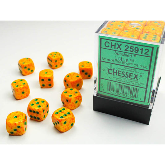 CHX25912 Lotus Speckled D6 Dice with Green Pips 12mm (1/2in) Pack of 36 Main Image