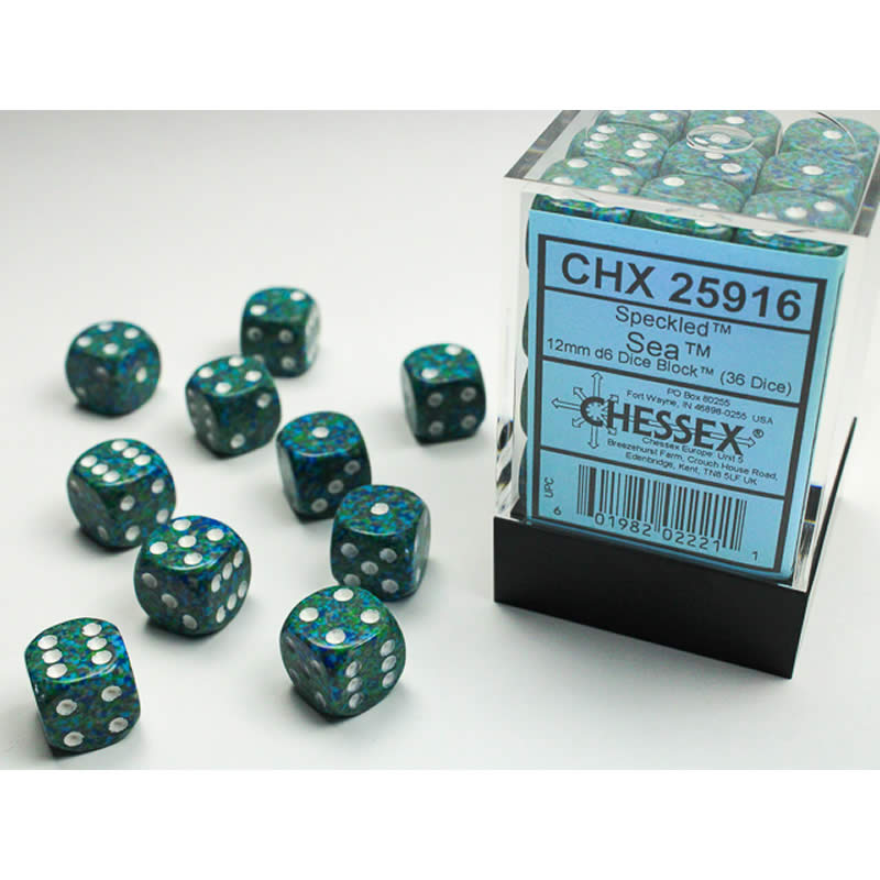 CHX25916 Sea Speckled D6 Dice with White Pips 12mm (1/2in) Pack of 36 Main Image