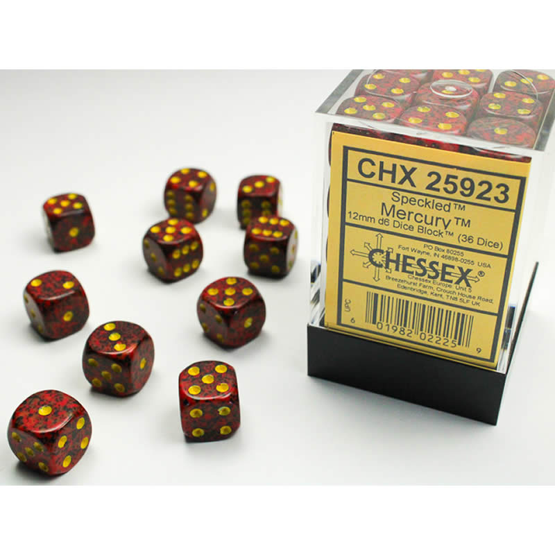 CHX25923 Mercury Speckled D6 Dice Yellow Pips 12mm (1/2in) Pack of 36 Main Image