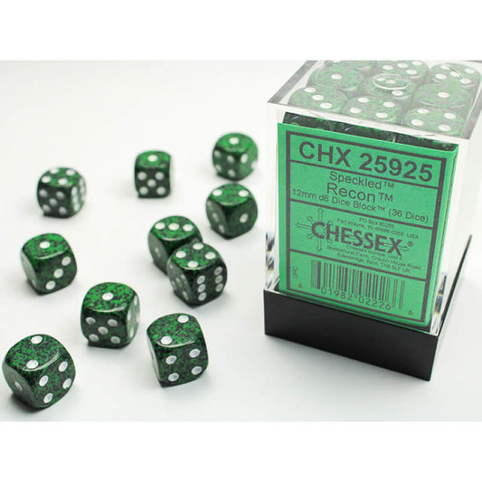 CHX25925 Recon Speckled D6 Dice with White Pips 12mm (1/2in) Pack of 36 Main Image
