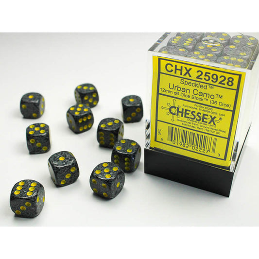 CHX25928 Urban Camo Speckled D6 Dice with Yellow Pips 12mm (1/2in) Pack of 36 Main Image